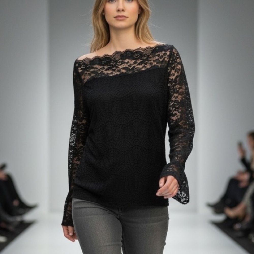 ❤️ Adiva Black Lace Flare Cuff Boatneck Long sleeved Blouse